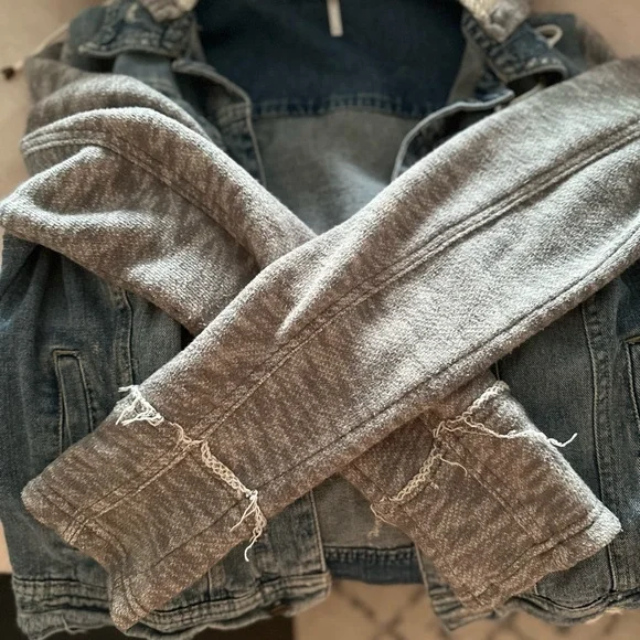 Free People Distressed Denim/Knit Hoodie Jacket - Picture 4 of 5
